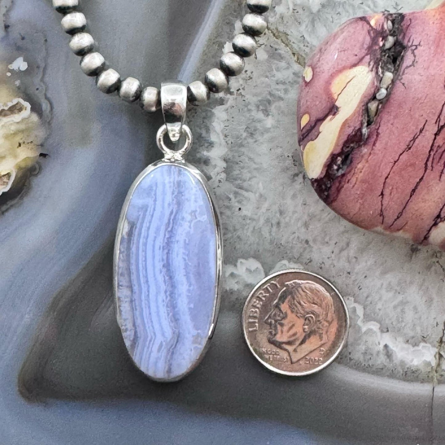 Sterling Silver Southwestern Style Elongated Oval Blue Lace Agate Pendant For Women