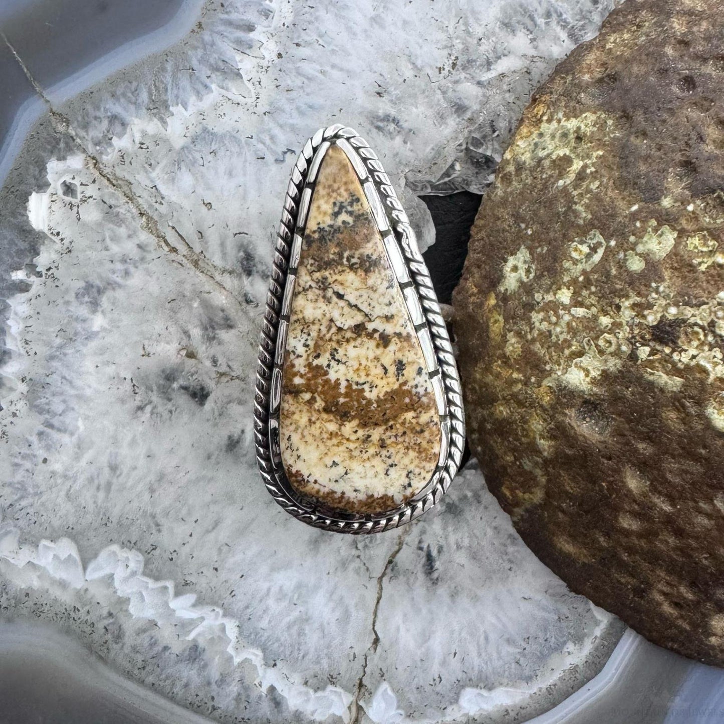 Sterling Silver Southwestern Style Teardrop Picture Jasper Ring Size 8 For Women