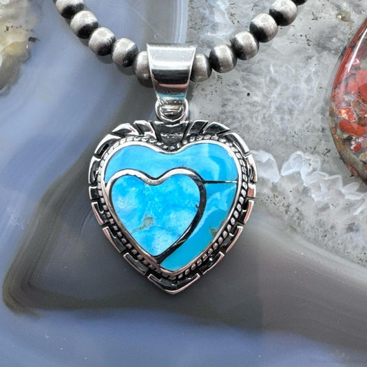 Native American Sterling Silver Blue Ridge Turquoise Decorated Double Heart Pendant For Women