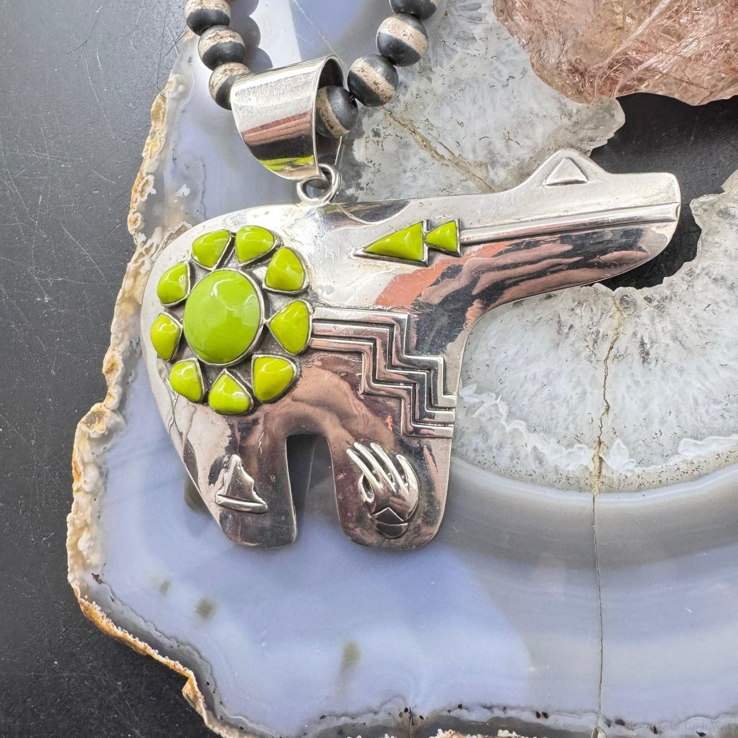 Vintage Native American Signed Sterling Silver Gaspite Fetish Bear Unisex Pendant