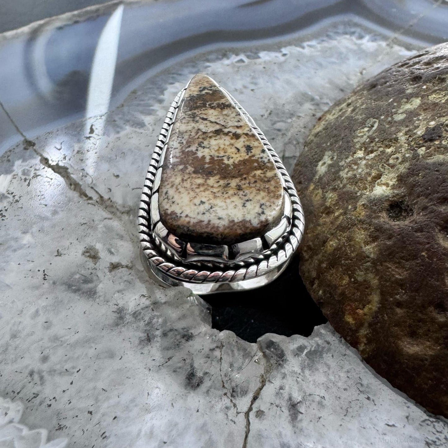 Sterling Silver Southwestern Style Teardrop Picture Jasper Ring Size 8 For Women