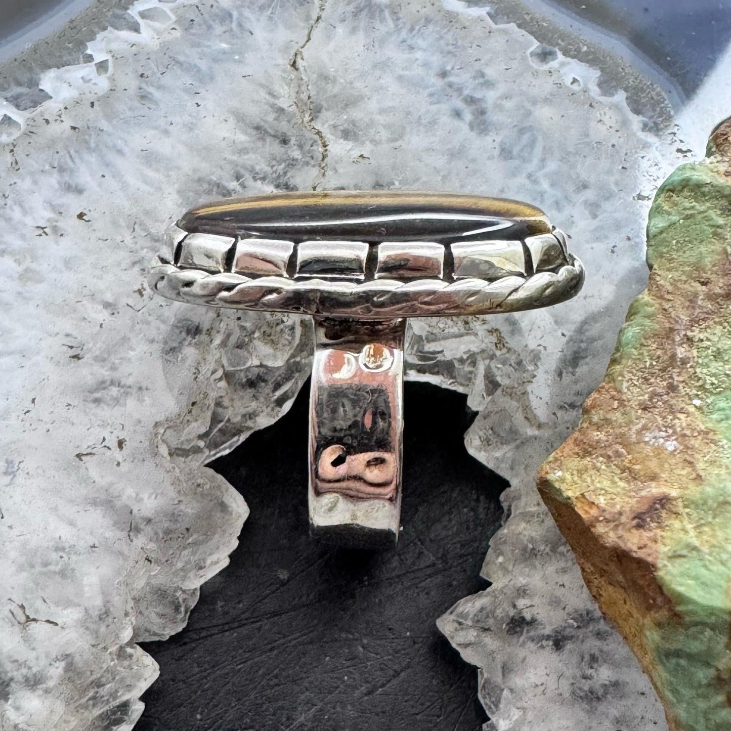 Sterling Silver Southwestern Style Elongated Oval Tiger's Eye Ring Size 8.25 For Women