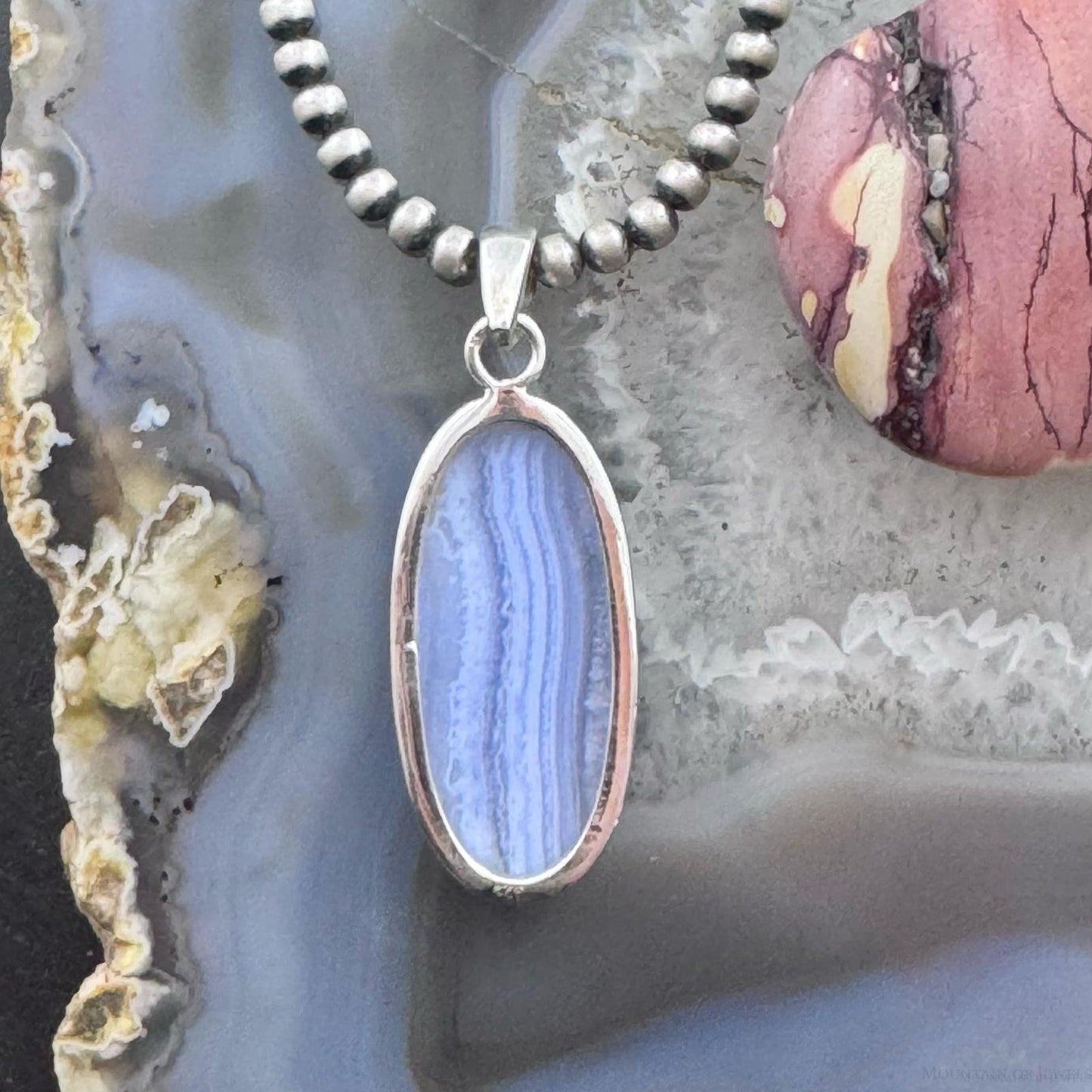 Sterling Silver Southwestern Style Elongated Oval Blue Lace Agate Pendant For Women