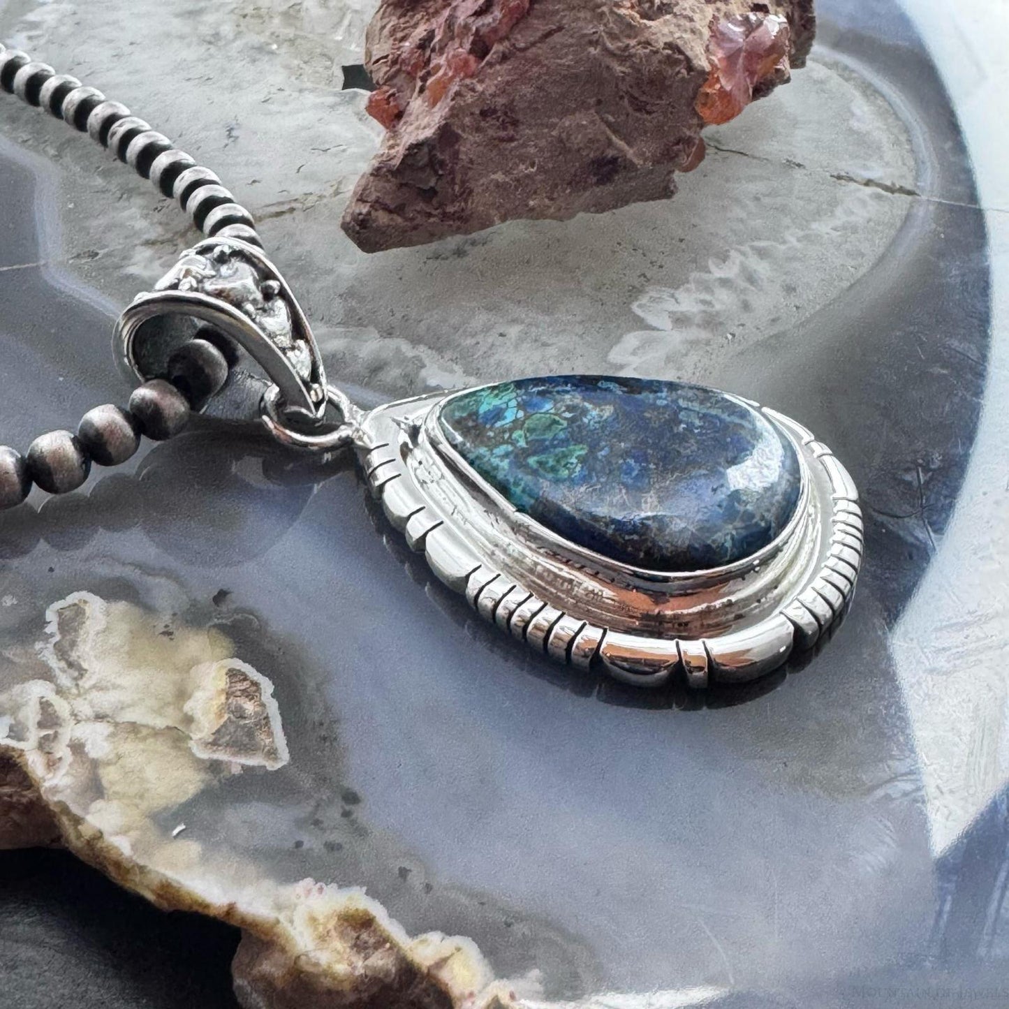 Sterling Silver Southwestern Style Teardrop Azurite Malachite Decorated Pendant