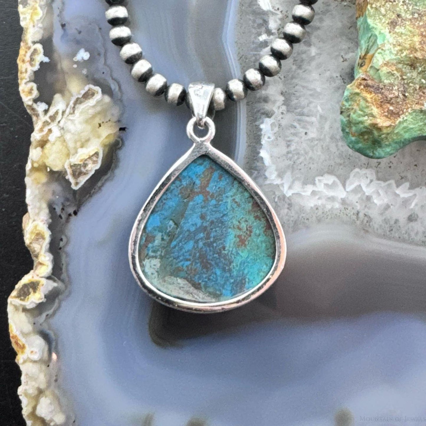 Sterling Silver Southwestern Style Wide Teardrop Chrysocolla Pendant For Women