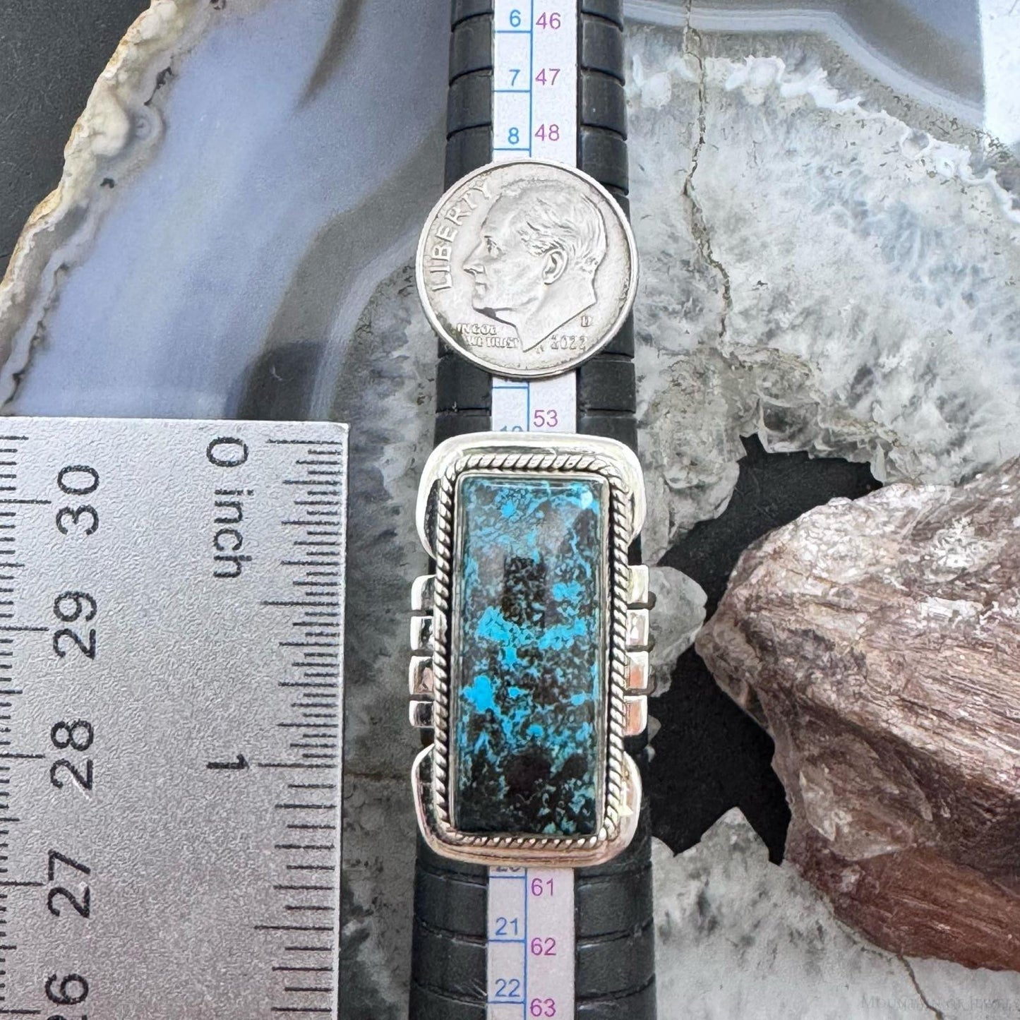 Sterling Silver Southwestern Style Azurite Decorated Bar Size 8 Ring For Women