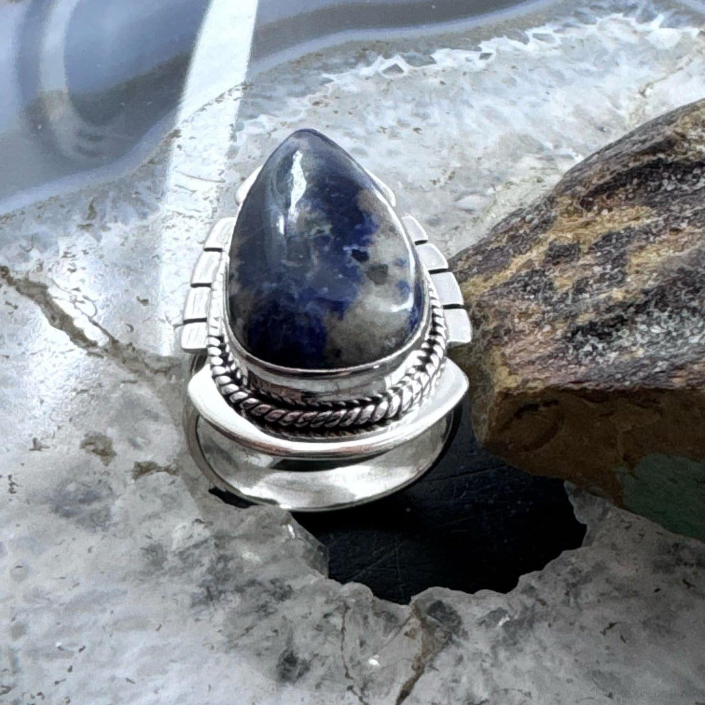 Sterling Silver Southwestern Style Teardrop Sodalite Decorated Ring Size 7 For Women