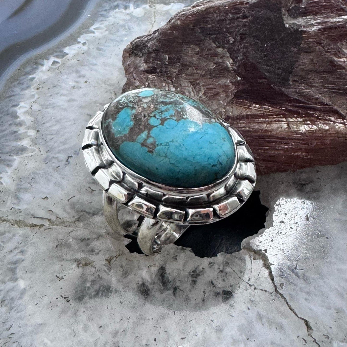 Sterling Silver Southwestern Style Oval Tibetan Turquoise Ring Size 7.5 For Women