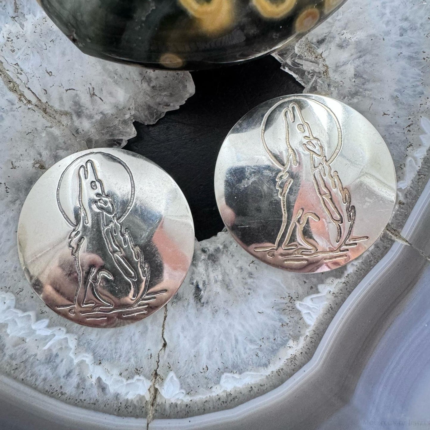 Native American Silver Stamped Coyote Rounded Post Earrings For Women
