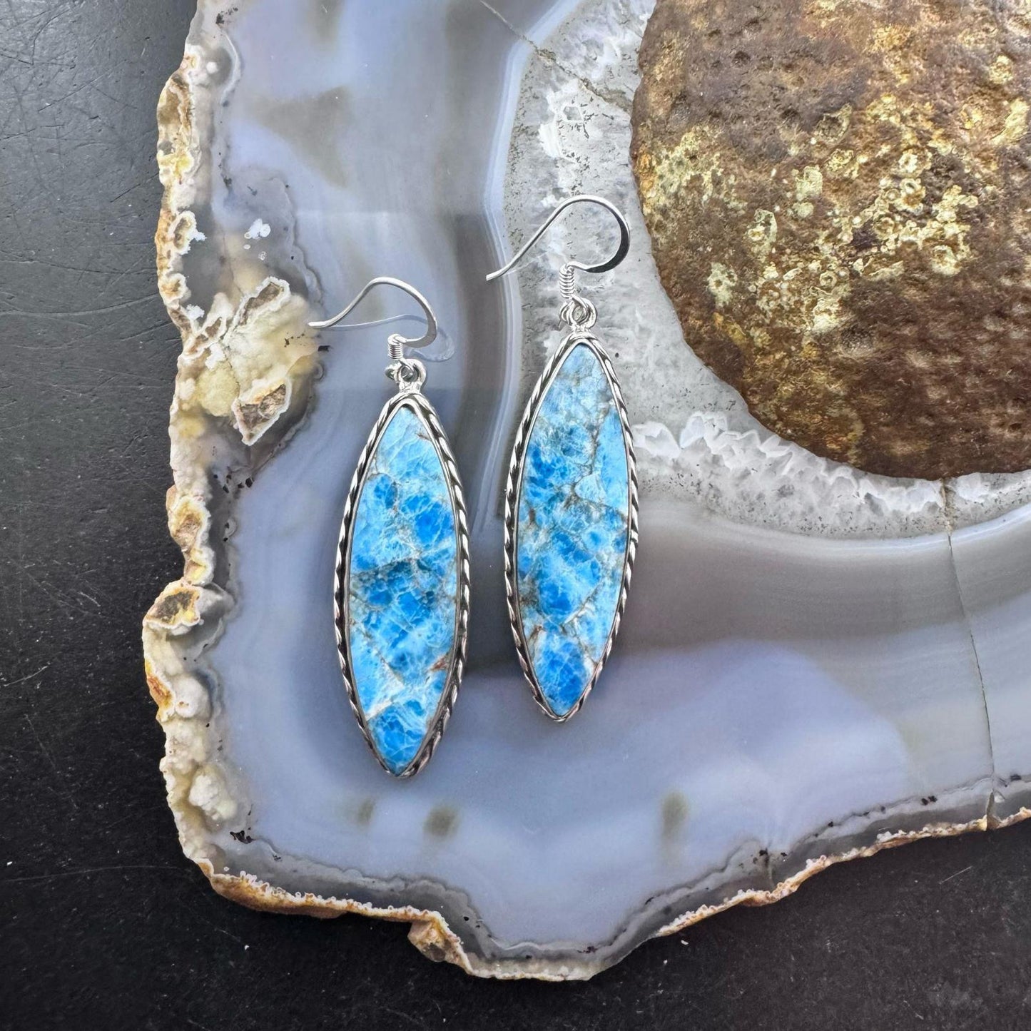 Sterling Silver Southwestern Style Elongated Marquise Blue Apatite Dangle Earrings For Women