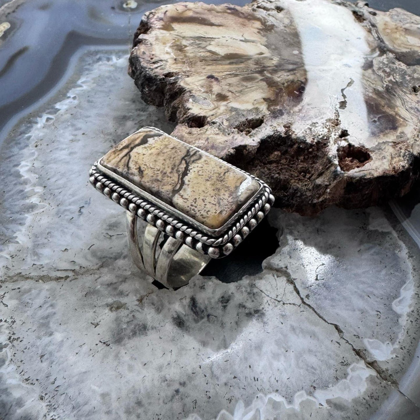 Sterling Silver Southwestern Style Picture Jasper Bar Ring Size 8.75 For Women