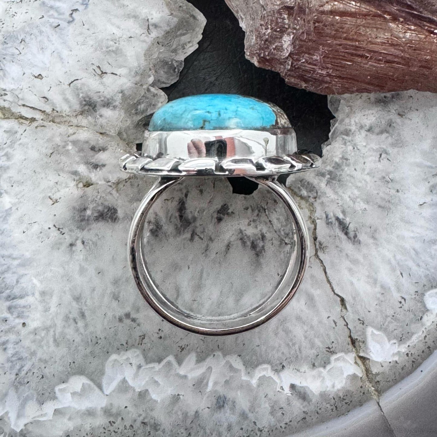 Sterling Silver Southwestern Style Oval Tibetan Turquoise Ring Size 7.5 For Women