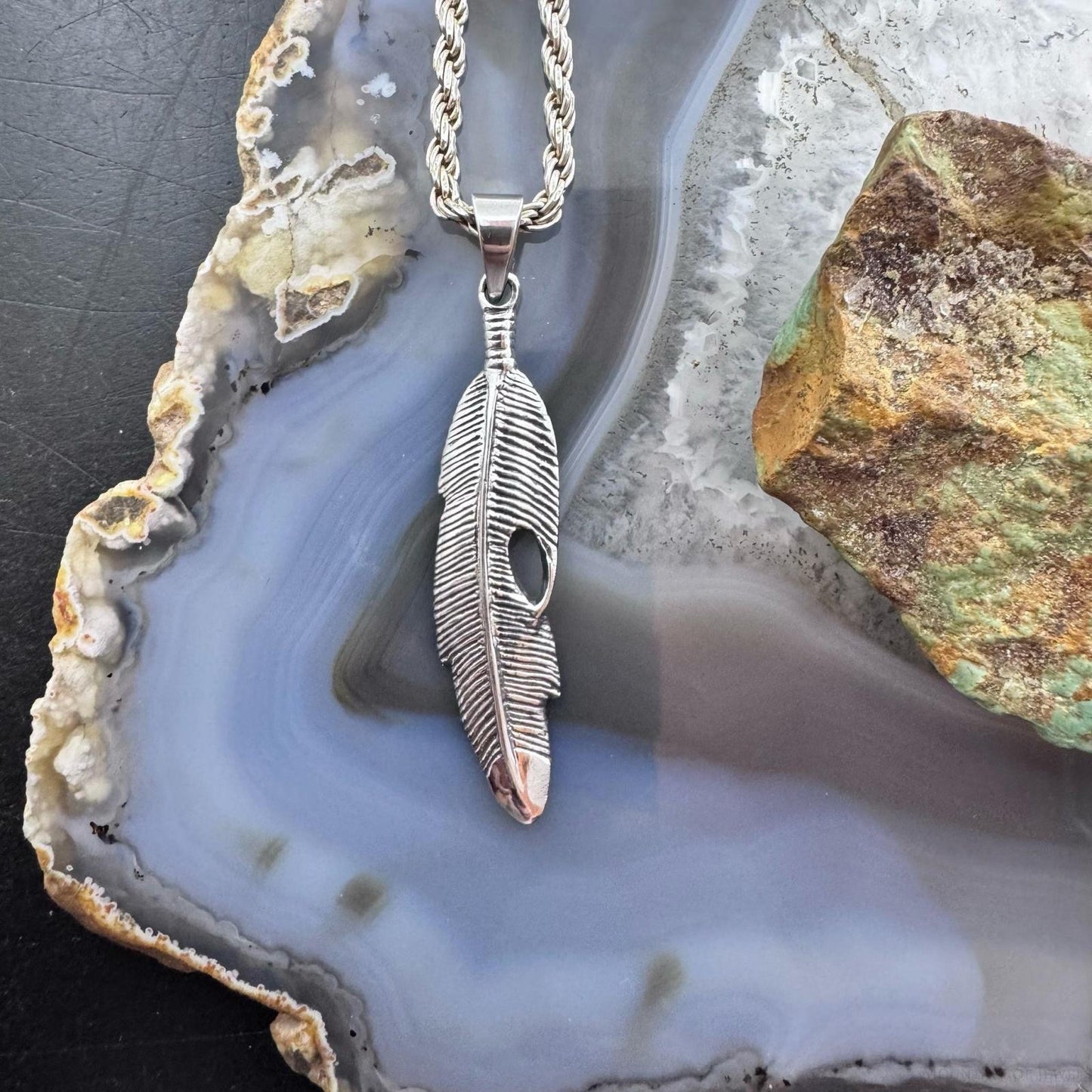 Sterling Silver Southwestern Style Feather Unisex Pendant For Women
