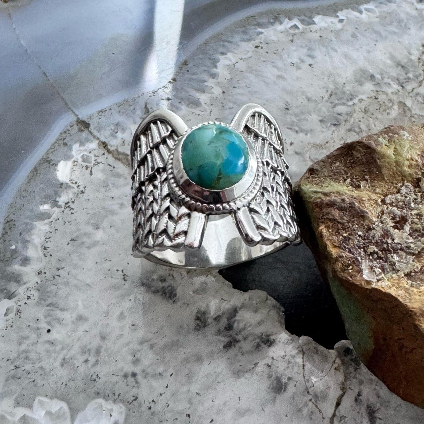 Sterling Silver Southwestern Style Oval Turquoise Decorated Ring For Women