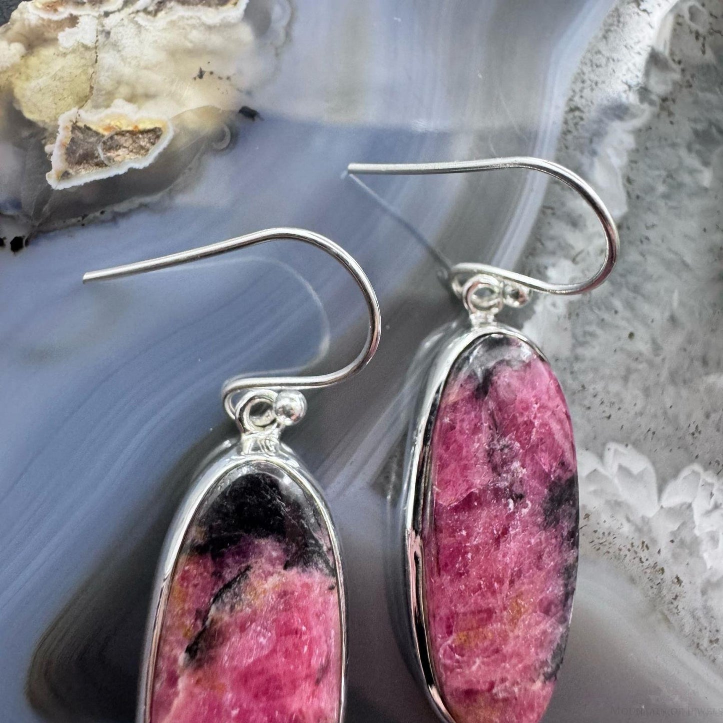 Sterling Silver Southwestern Style Oval Rhodonite Dangle Earrings For Women