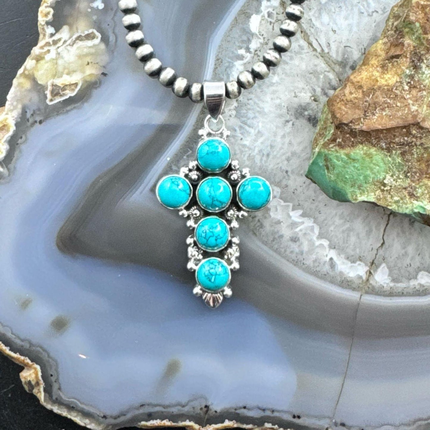 Sterling Silver Southwestern Style Rounded Blue Howlite Cross Pendant For Women