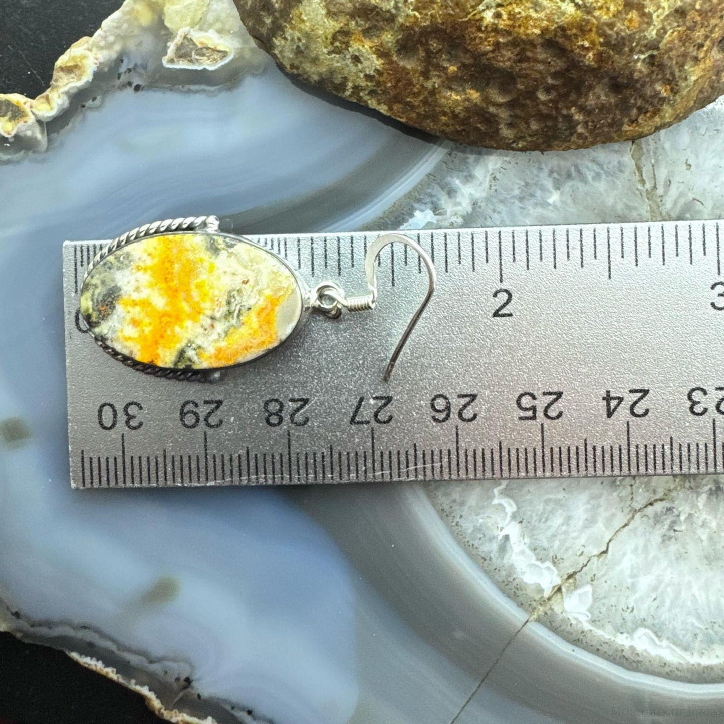 Sterling Silver Southwestern Style Large Oval Bumblebee Jasper Dangle Earrings For Women