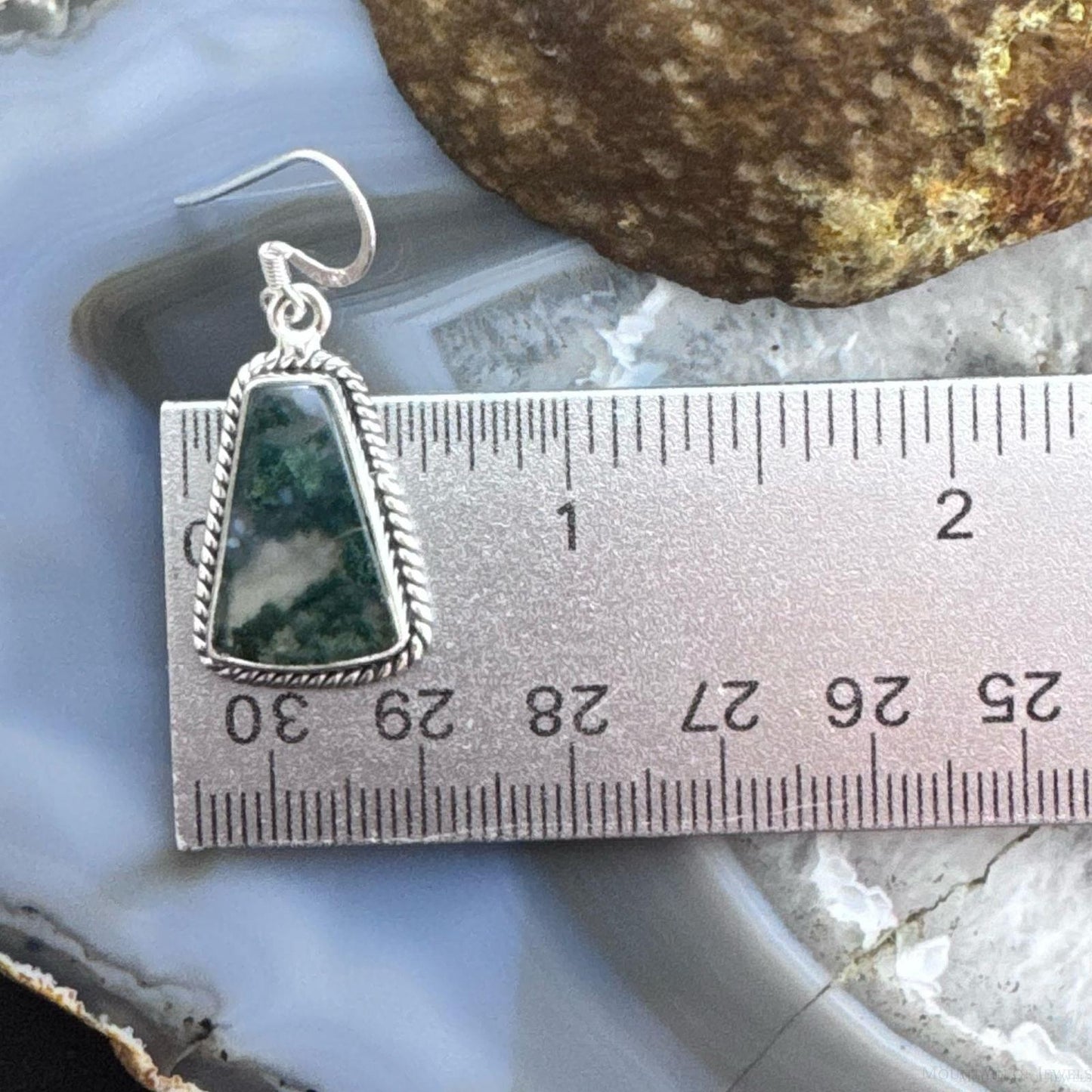 Sterling Silver Southwestern Style Trapezoid Moss Agate Dangle Earrings For Women