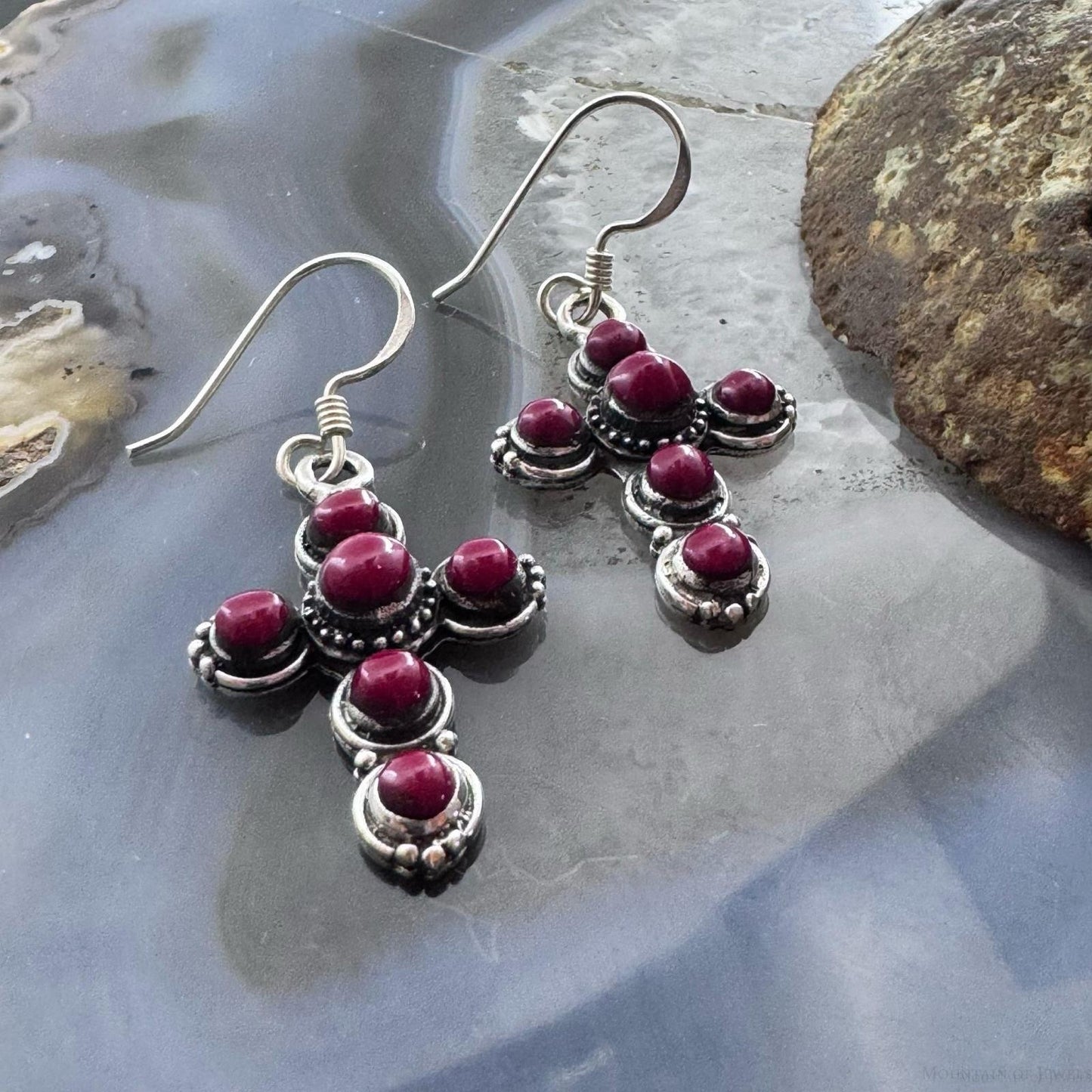 Sterling Silver 6 Red Gemstone Decorated Cross Fashion Dangle Earrings For Women