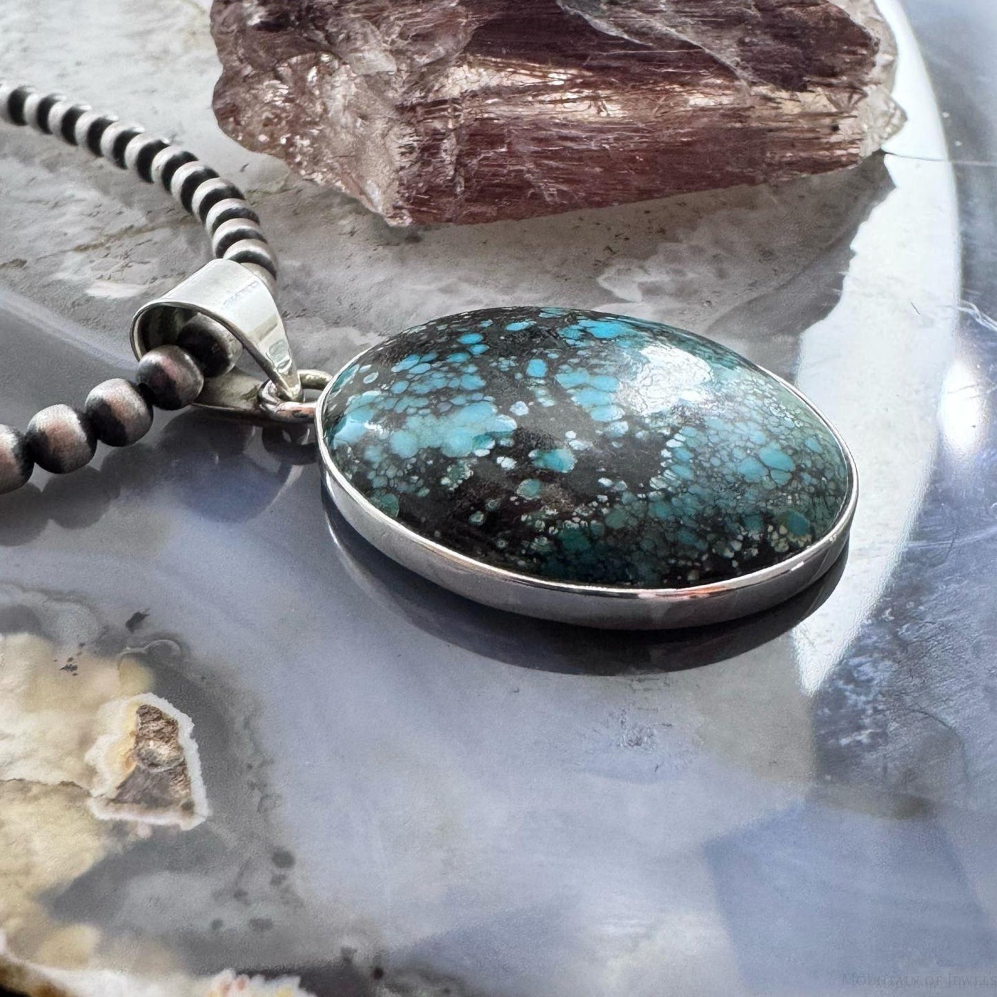 Sterling Silver Southwestern Style Matrixed LG Oval Green Turquoise Pendant For Women