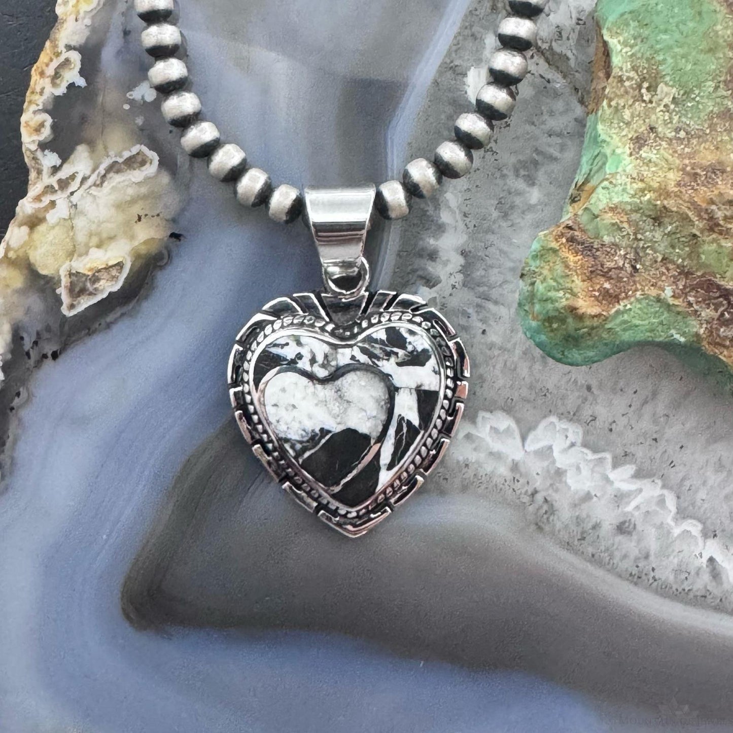 Native American Sterling Silver White Buffalo Decorated Double Heart Pendant For Women