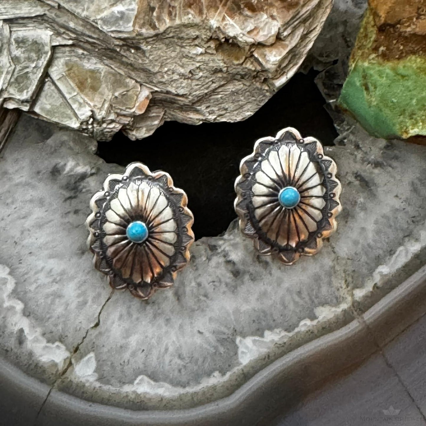 Native American Sterling Turquoise Dot Oval Concho Stud Earrings For Women