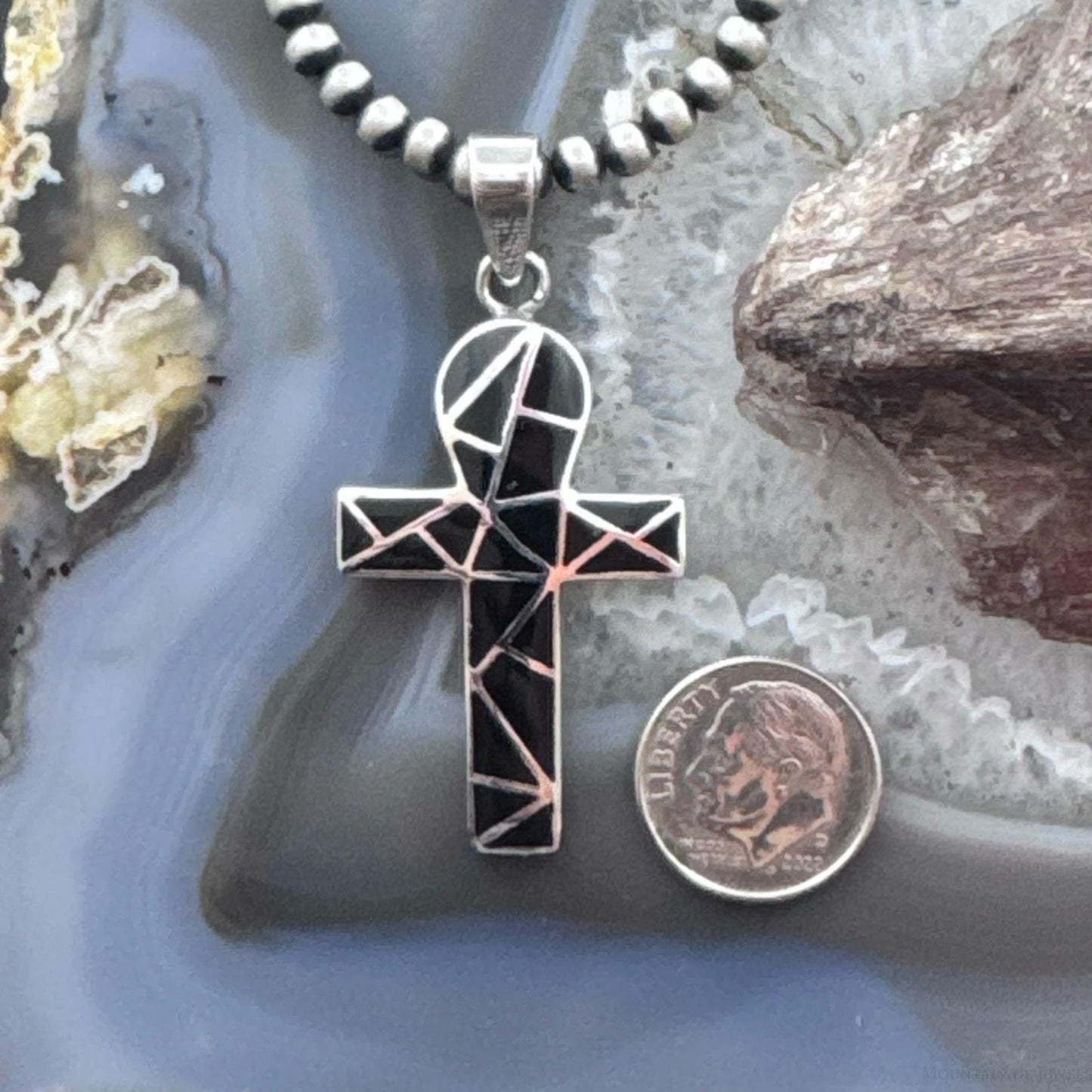 Sterling Silver Southwestern Style Onyx Inlay Unisex Cross Pendant