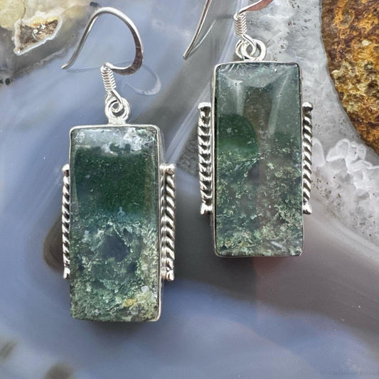 Sterling Silver Southwestern Style Rectangle Moss Agate Dangle Earrings For Women