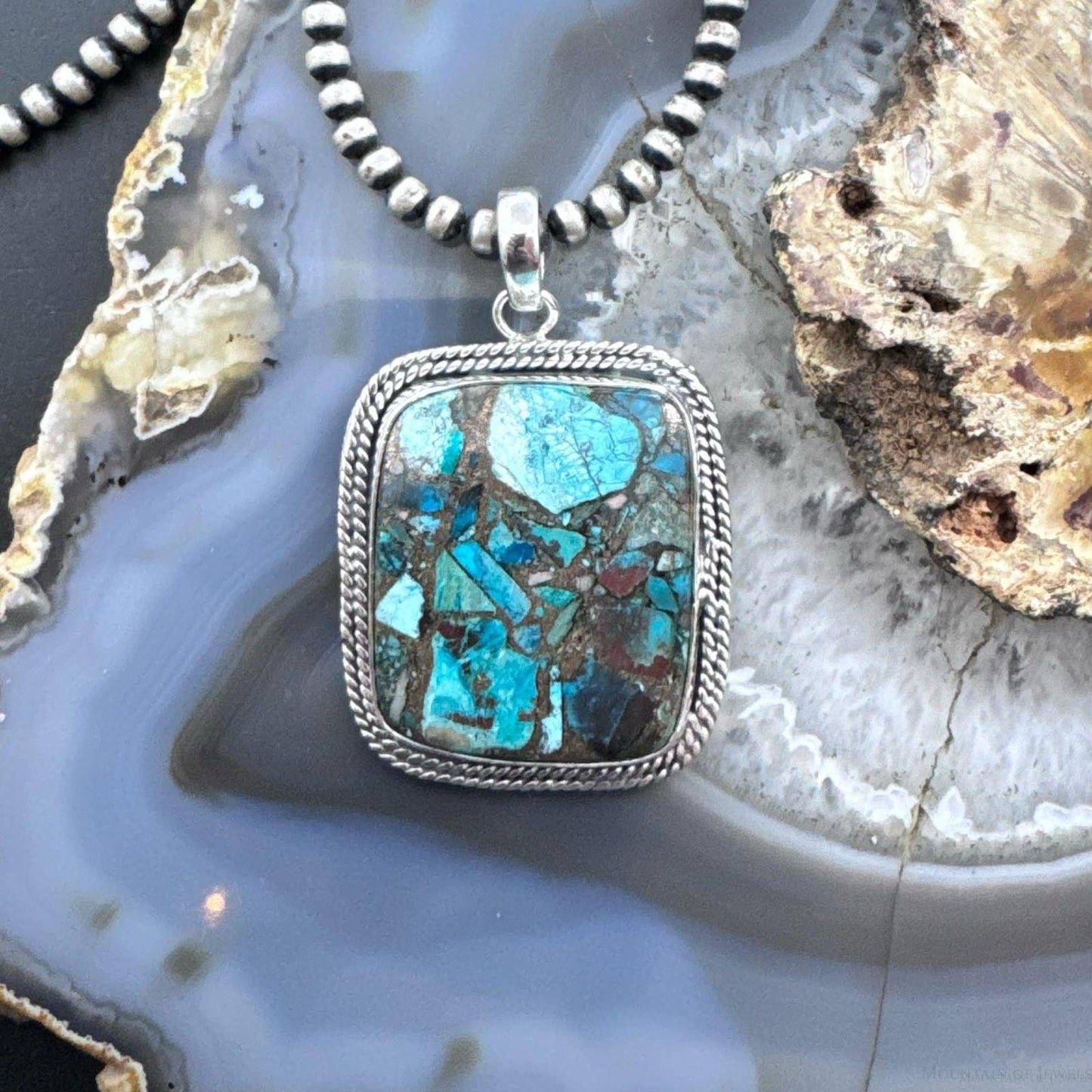 Sterling Silver Southwestern Style Large Square Cooper Turquoise Pendant For Women