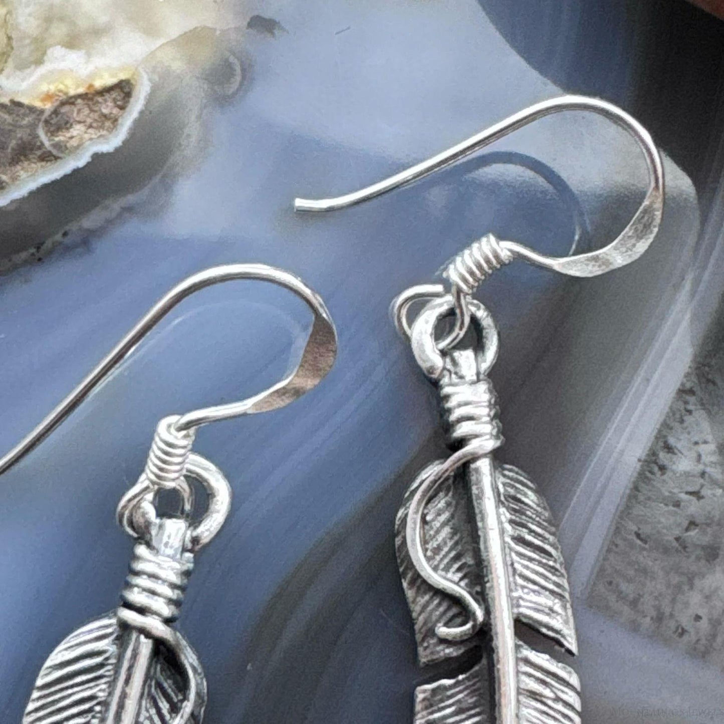 Sterling Silver Southwestern Style Curved Feather Dangle Earrings For Women