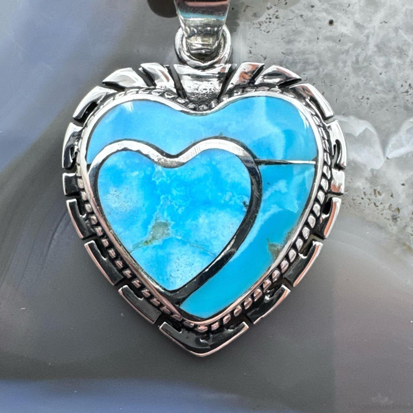 Native American Sterling Silver Blue Ridge Turquoise Decorated Double Heart Pendant For Women