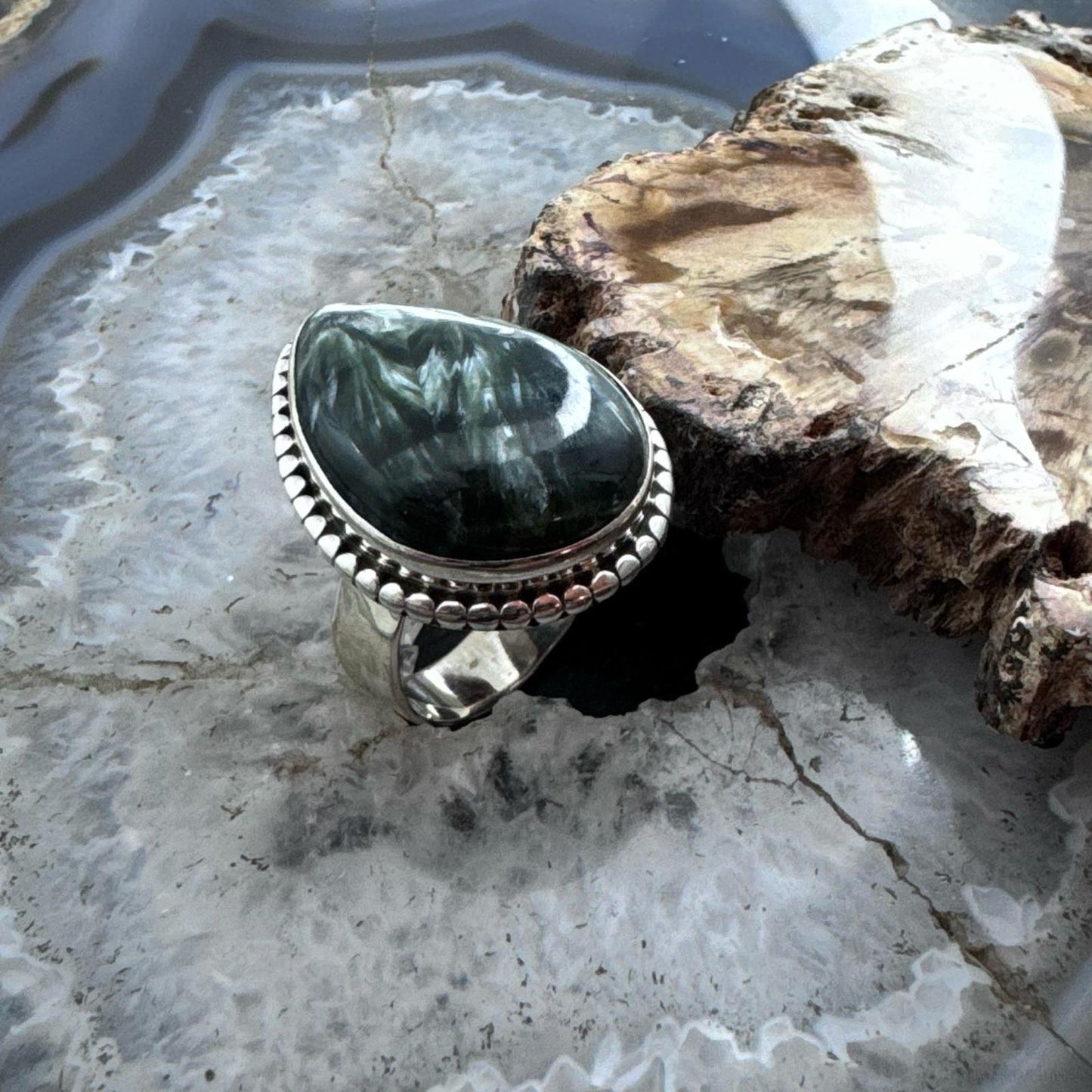 Sterling Silver Southwestern Style Teardrop Seraphinite Ring Size 9 For Women