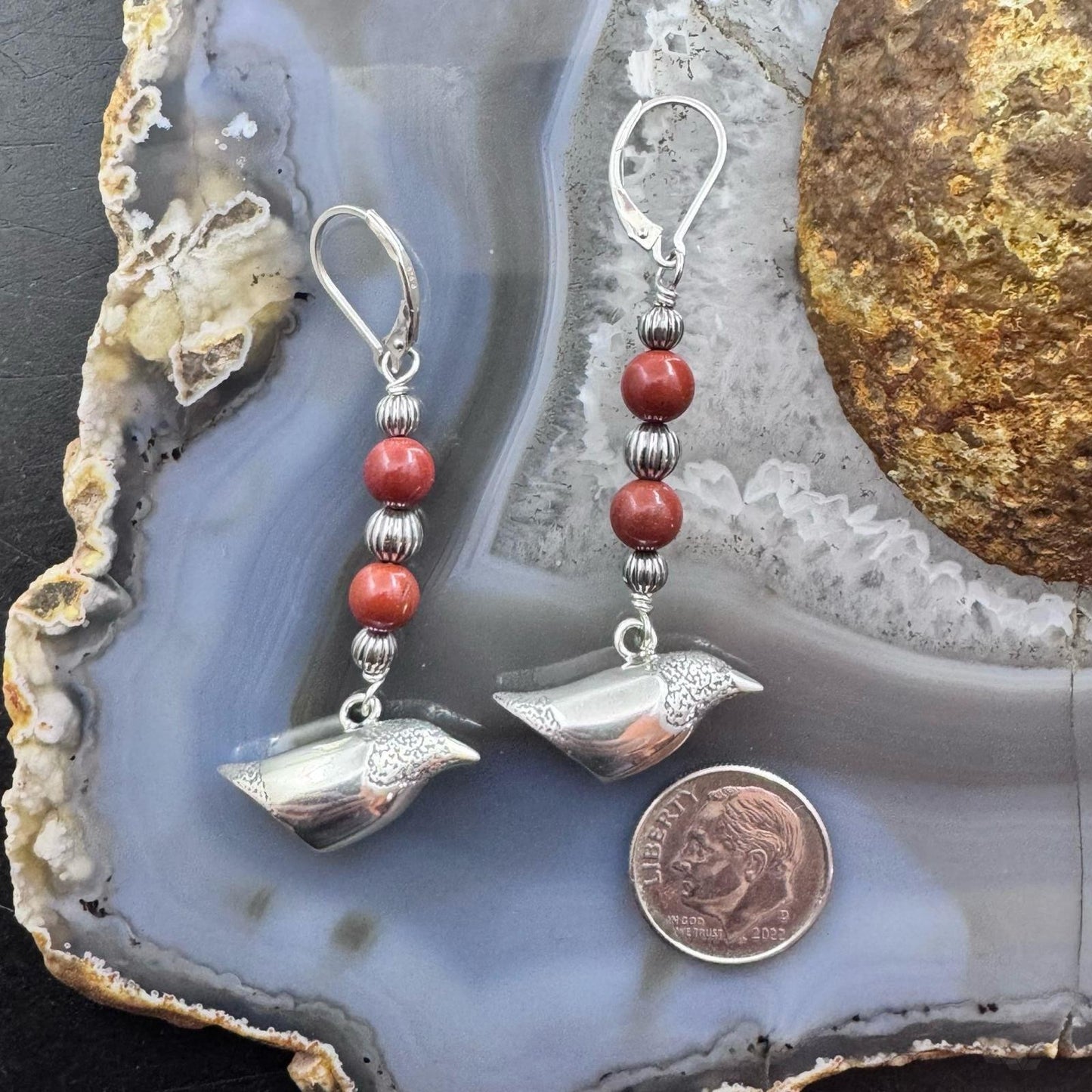 Andrew Rodriguez Sterling Silver Crow With 2 Tiny Red Jasper Beads Dangle Earrings For Women