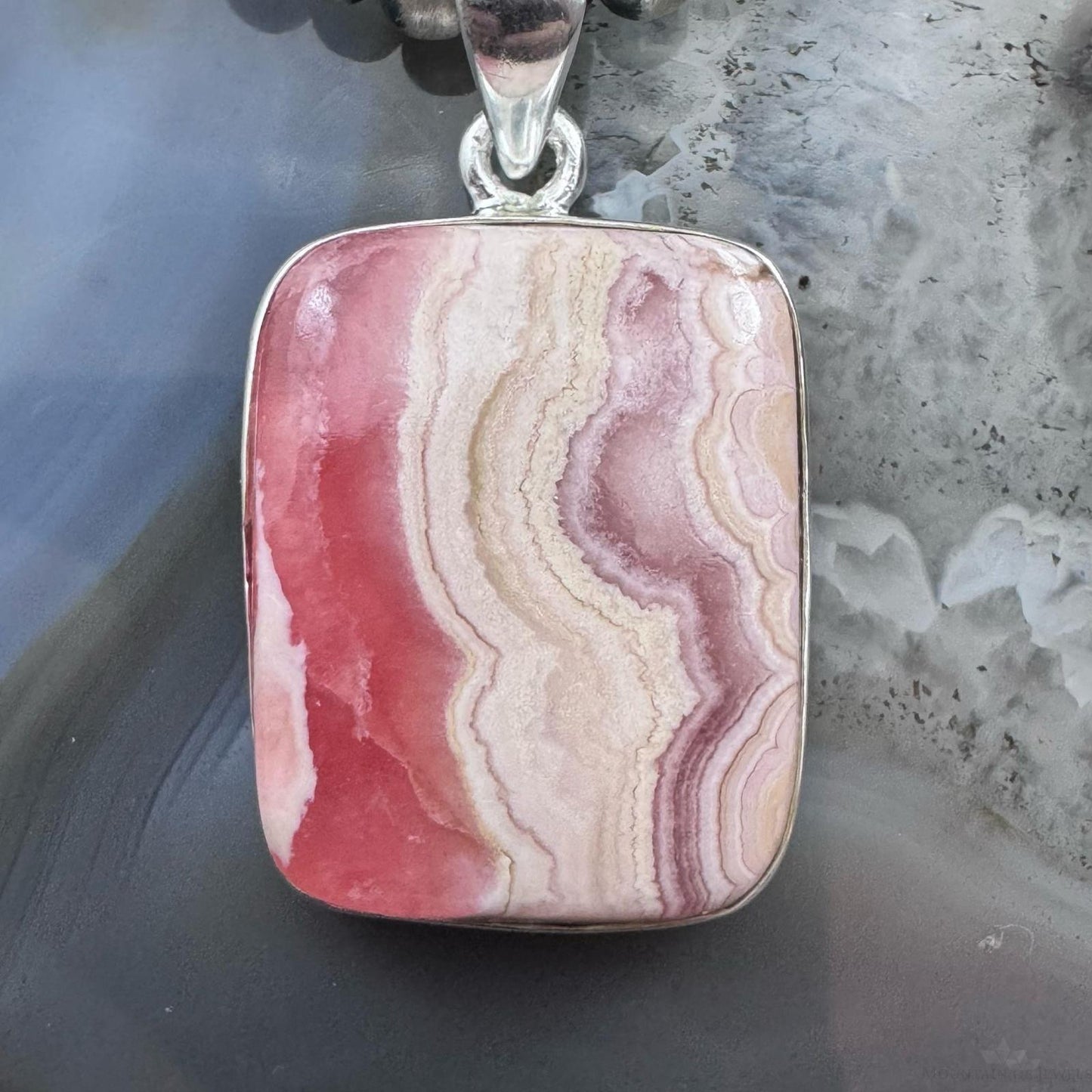 Sterling Silver Southwestern Style Rectangle Rhodochrosite Pendant For Women