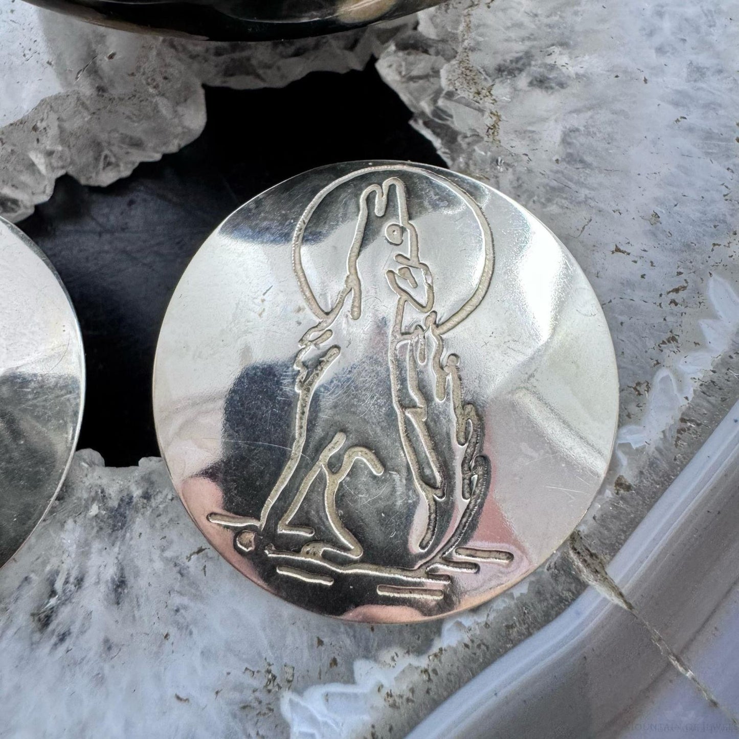Native American Silver Stamped Coyote Rounded Post Earrings For Women