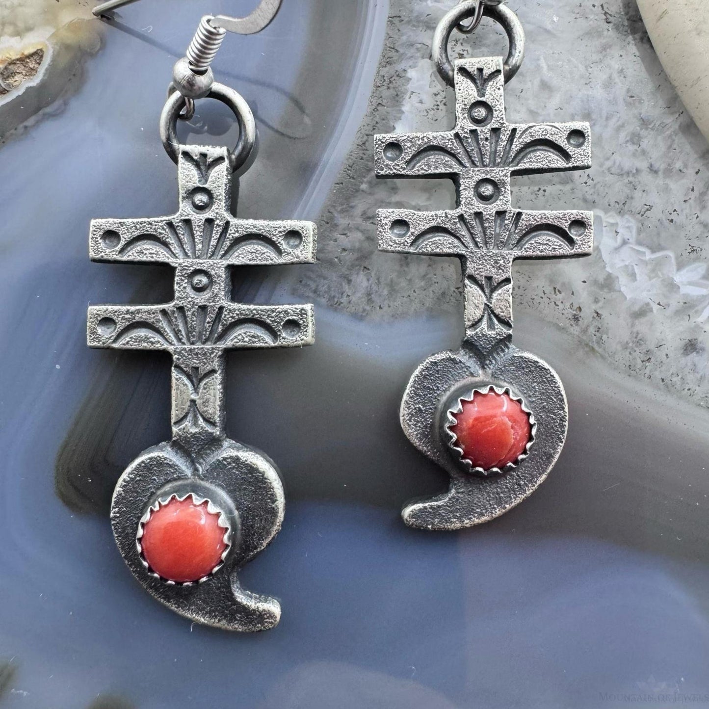 Kevin Billah Native American Sterling Silver Coral Cross & Heart Dangle Earrings For Women