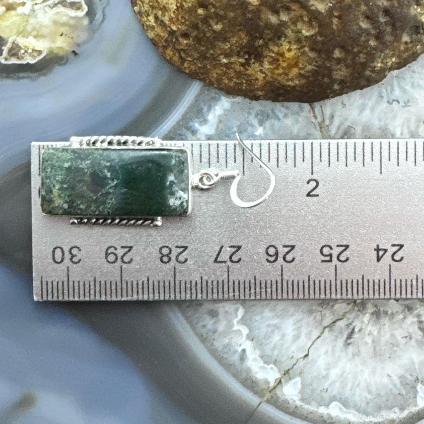 Sterling Silver Southwestern Style Rectangle Moss Agate Dangle Earrings For Women