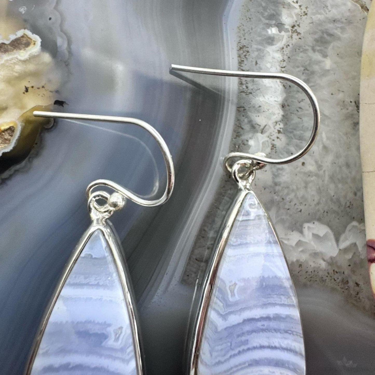 Sterling Silver Southwestern Style Triangle Blue Lace Agate Dangle Earrings For Women