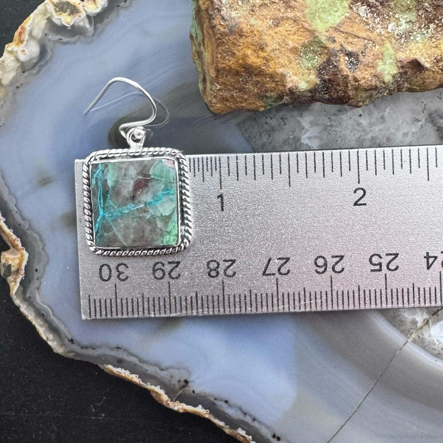 Sterling Silver Southwestern Style Square Green Shattuckite Dangle Earrings For Women