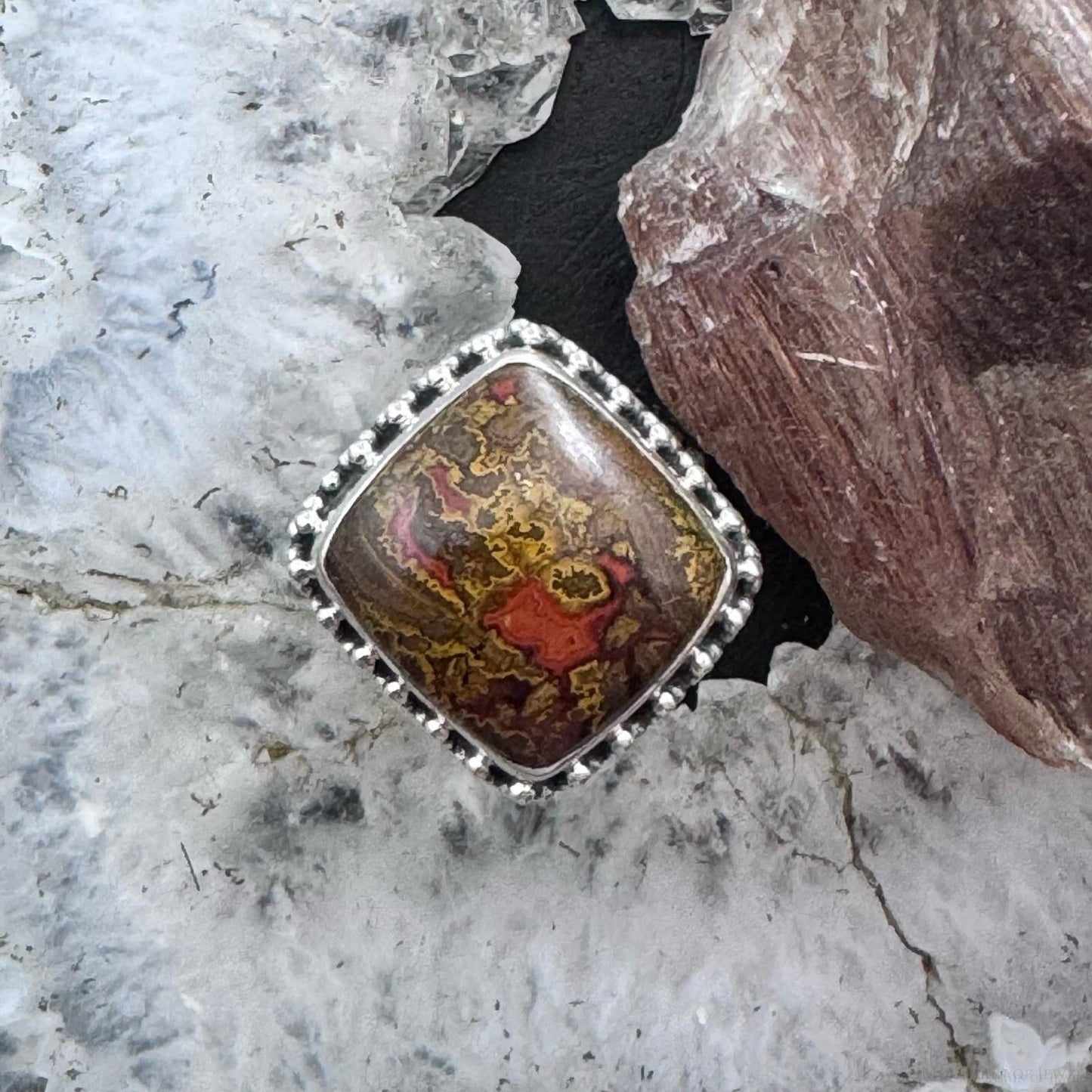 Sterling Silver Southwestern Style Moroccan Seam Agate Ring Size 7.5 For Women