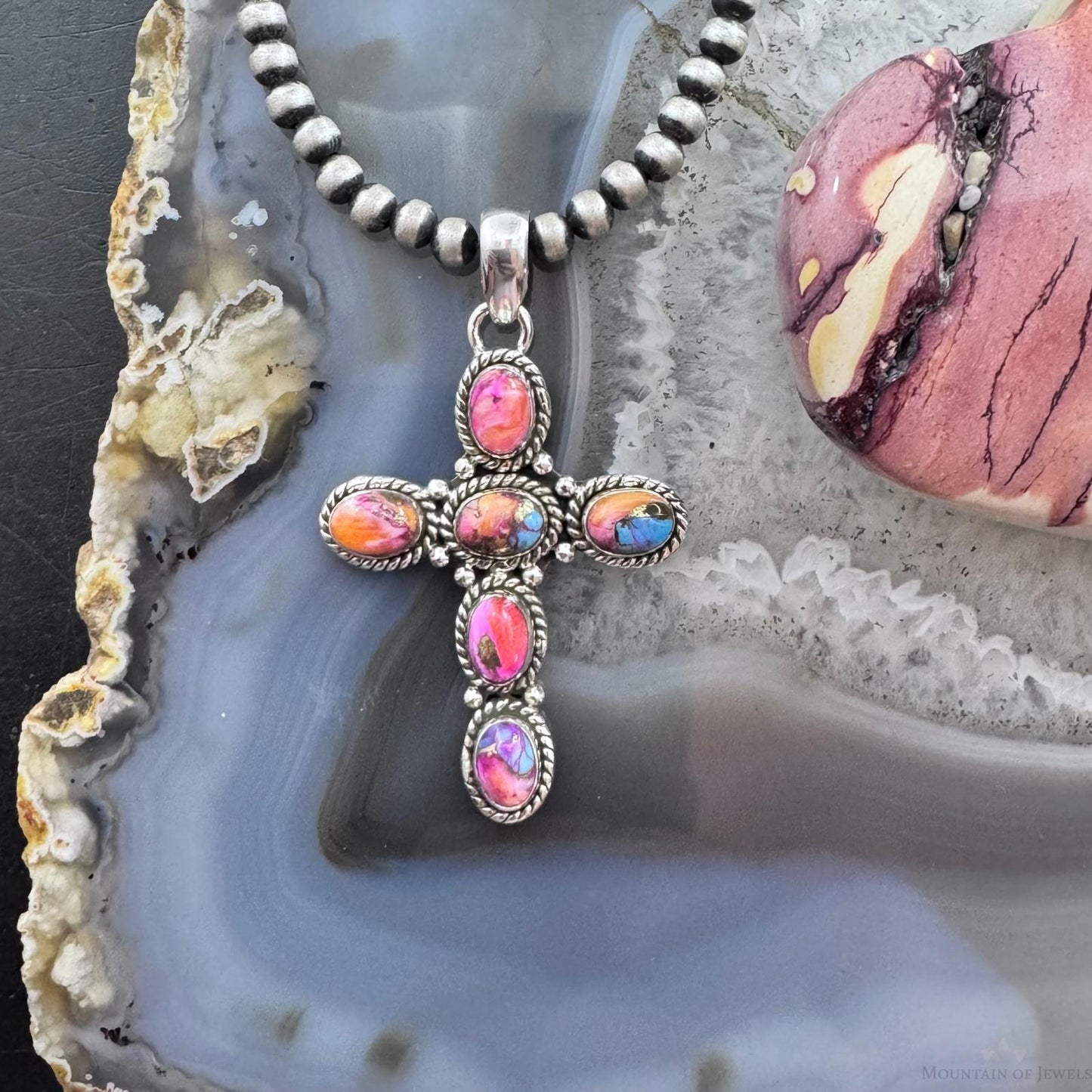 Sterling Silver Southwestern Style 6 Oval Mohave Dahlia Cross Pendant For Women