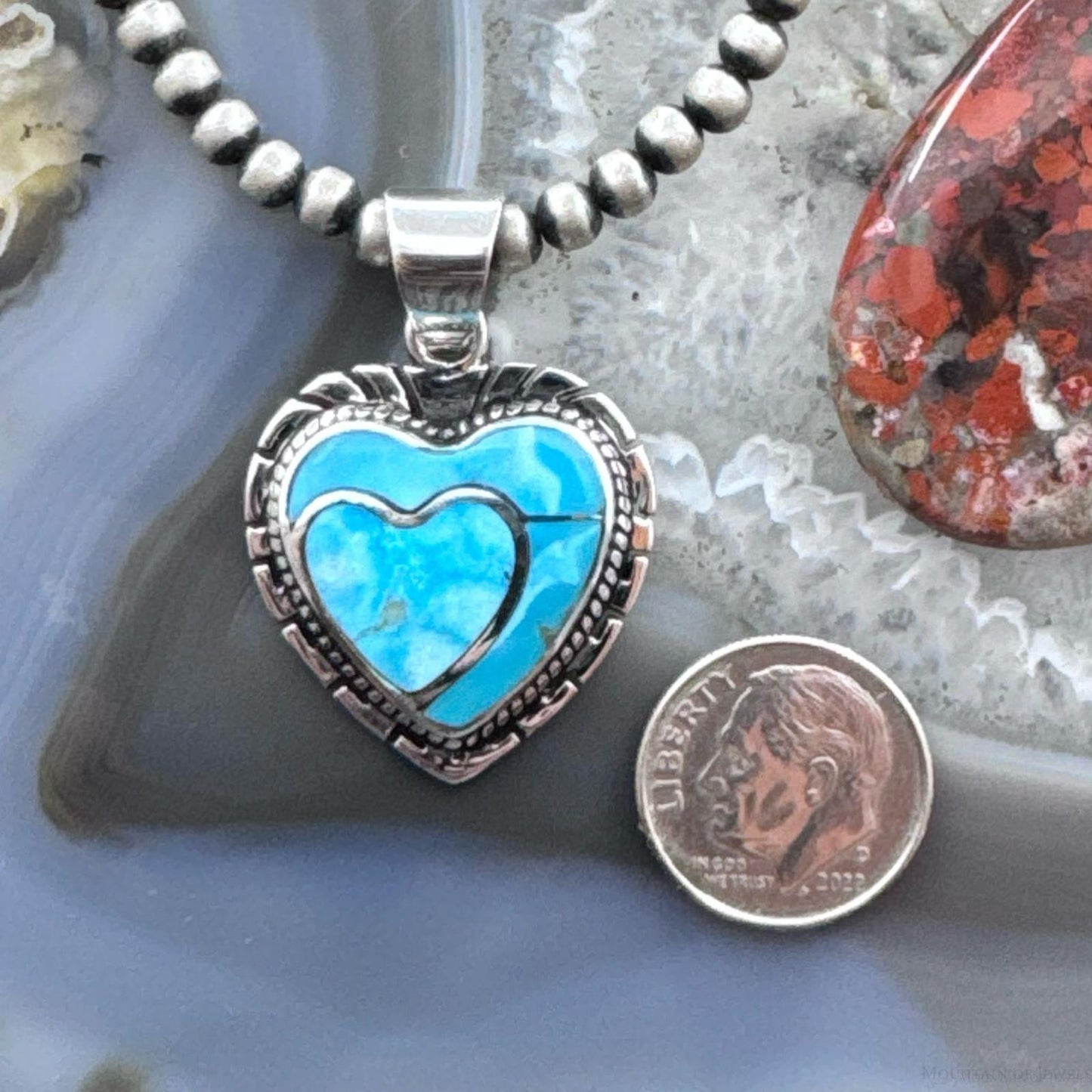 Native American Sterling Silver Blue Ridge Turquoise Decorated Double Heart Pendant For Women