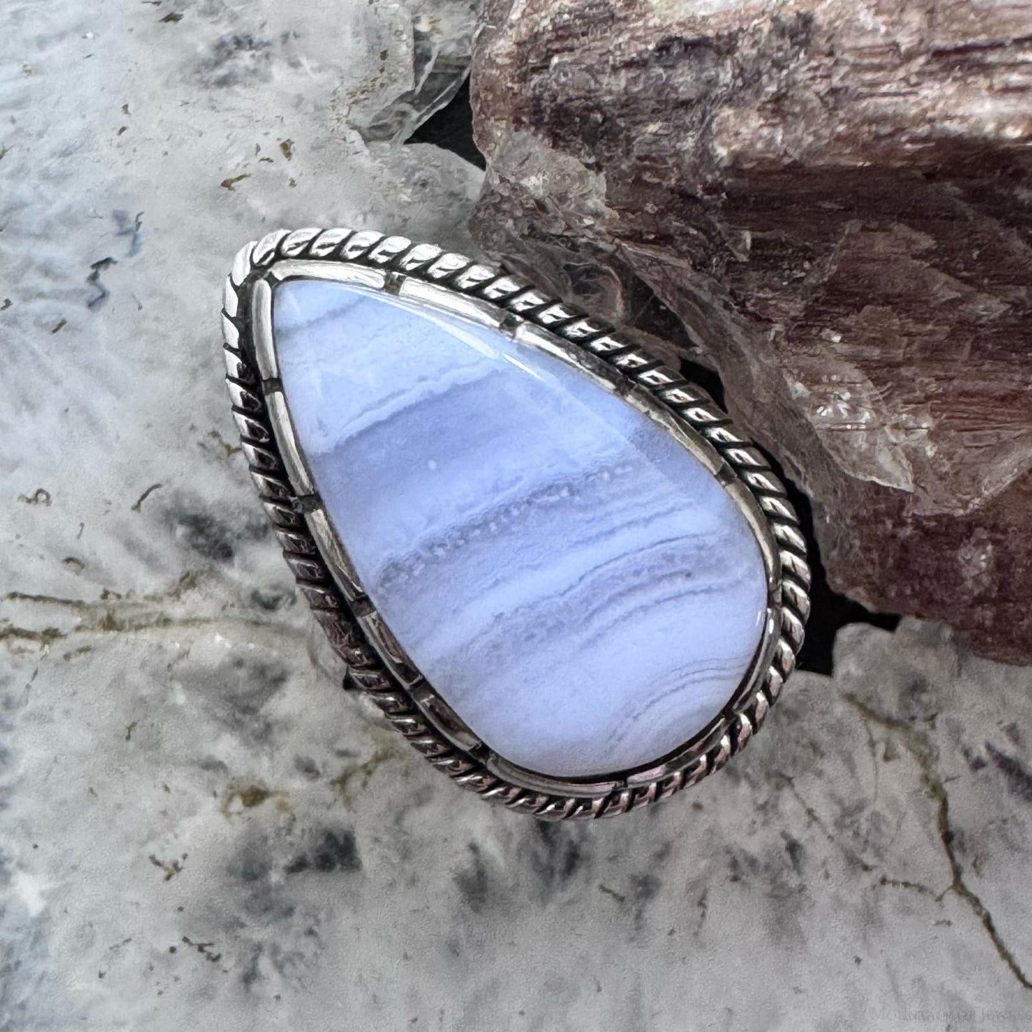Sterling Silver Southwestern Style Blue Lace Agate Decorated Ring Size 6.75 For Women