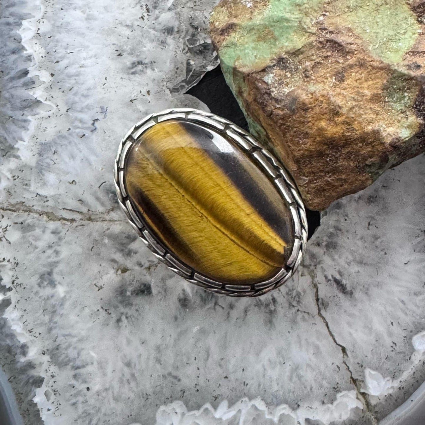 Sterling Silver Southwestern Style Elongated Oval Tiger's Eye Ring Size 8.25 For Women