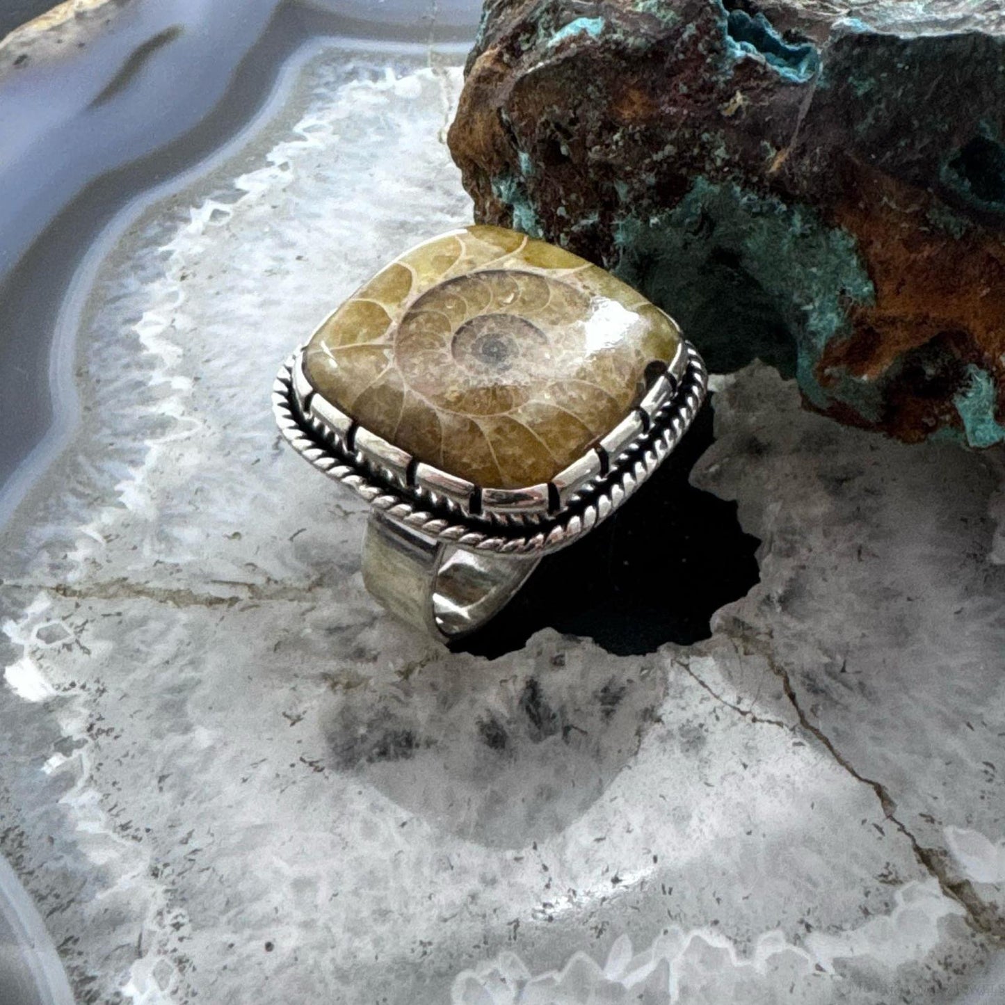 Sterling Silver Southwestern Style Square Ammonite Decorated Ring Size 9 For Women