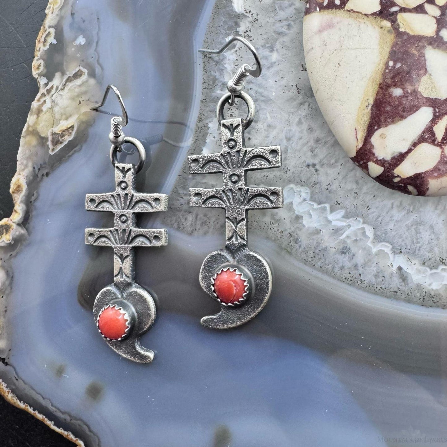 Kevin Billah Native American Sterling Silver Coral Cross & Heart Dangle Earrings For Women
