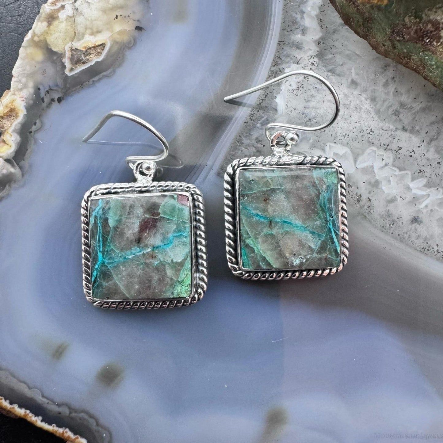 Sterling Silver Southwestern Style Square Green Shattuckite Dangle Earrings For Women