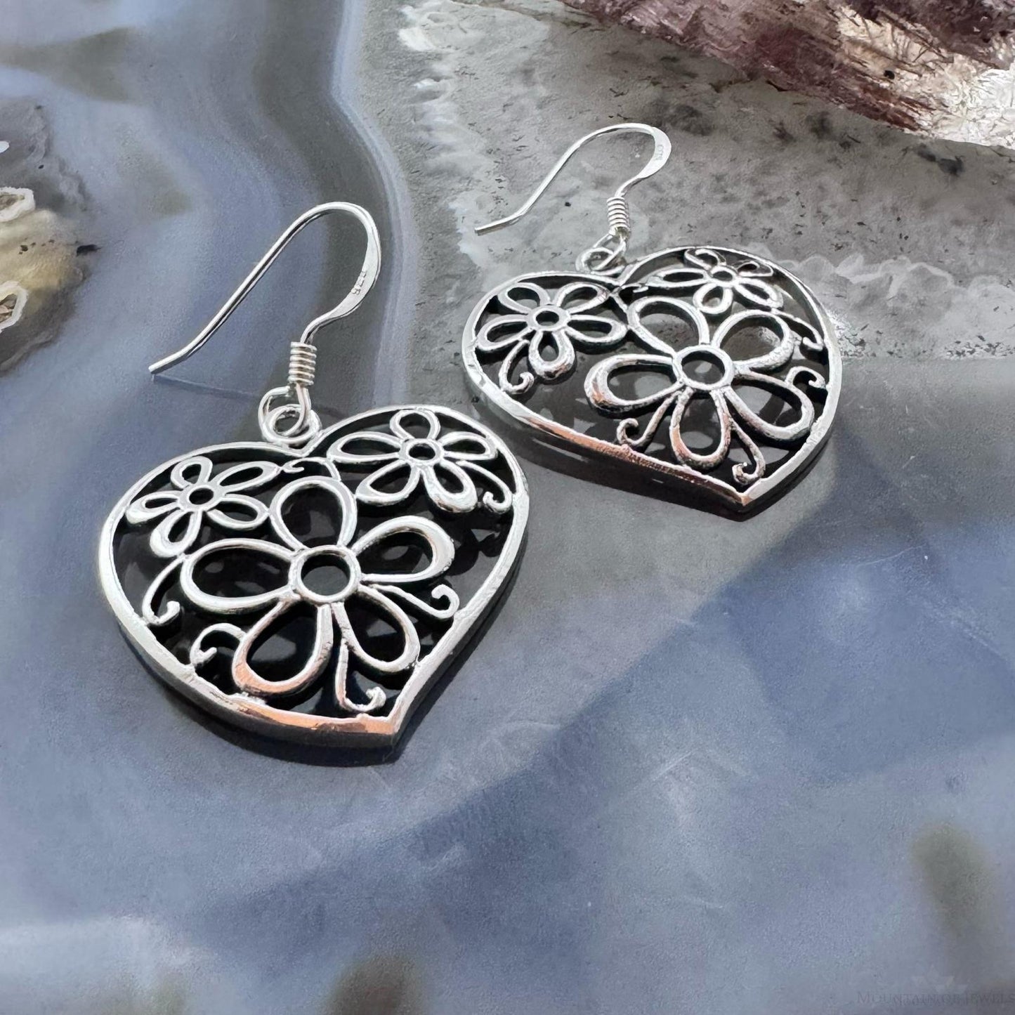Sterling Silver Heart Flower Dangle Earrings For Women