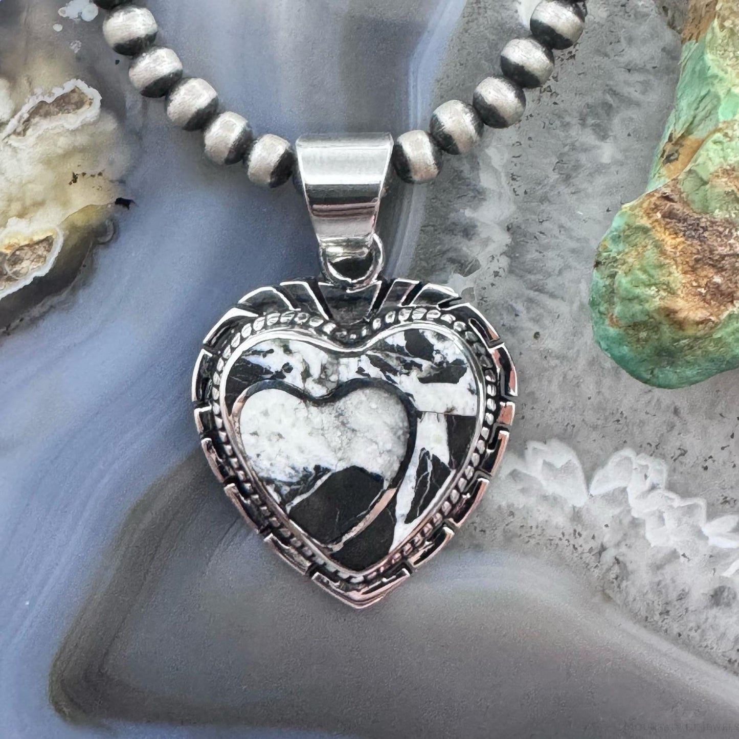 Native American Sterling Silver White Buffalo Decorated Double Heart Pendant For Women
