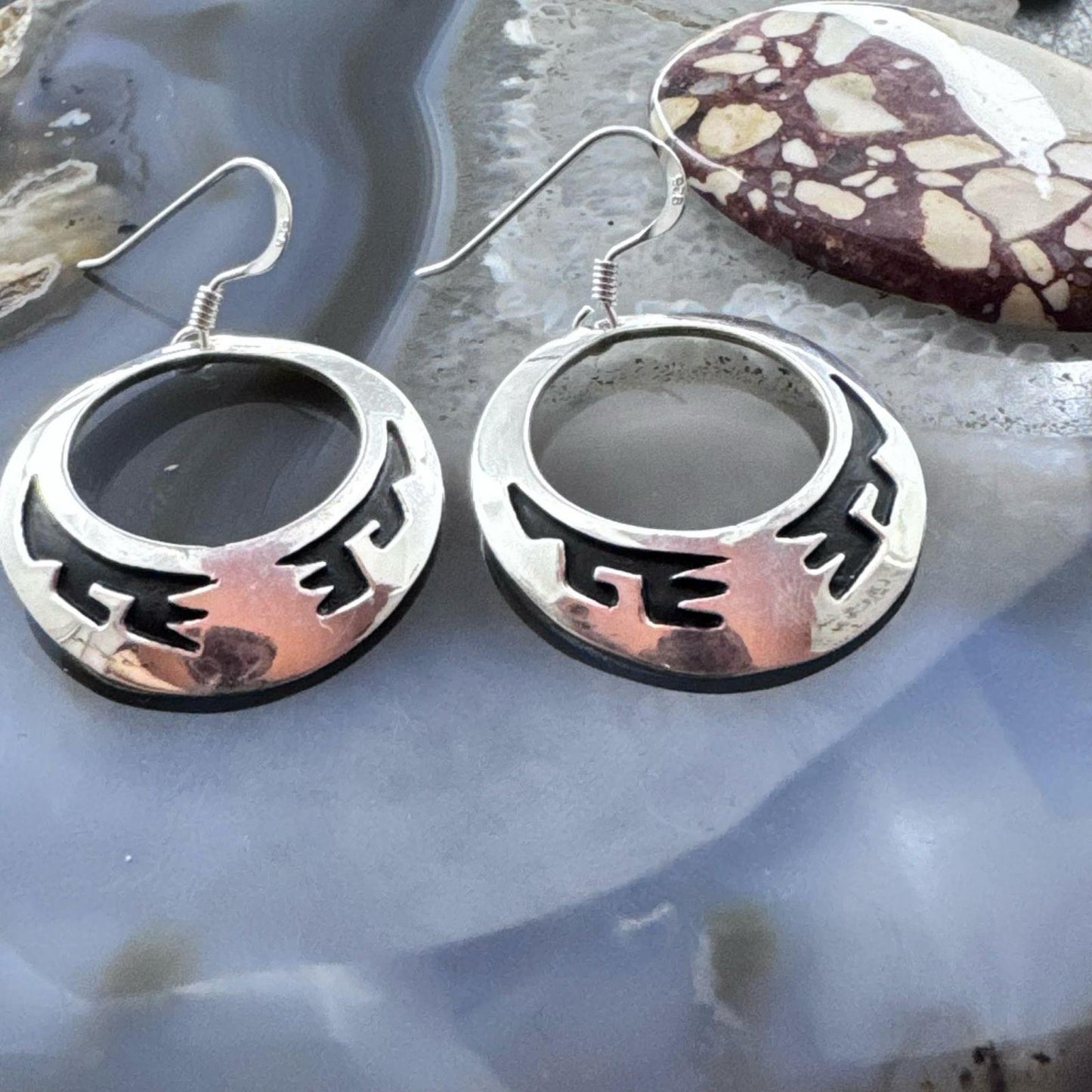 Tommy & Rosita Singer Sterling Silver Overlay Southwestern Motif Hoop Dangle Earrings For Women